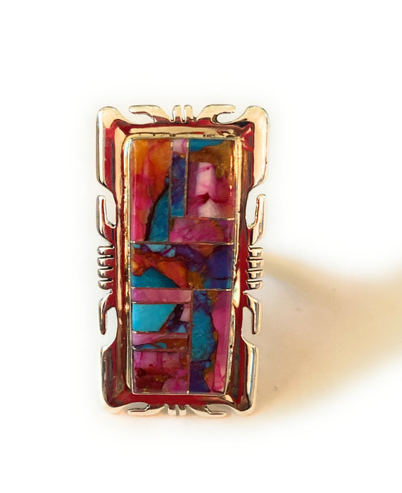 Navajo Sterling Silver & Pink Dream Mohave Rectangle Inlay Ring Size 8.25 - Culture Kraze Marketplace.com