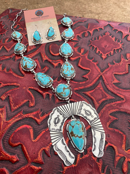 Navajo Handmade Number 8 Turquoise & Sterling Silver necklace set