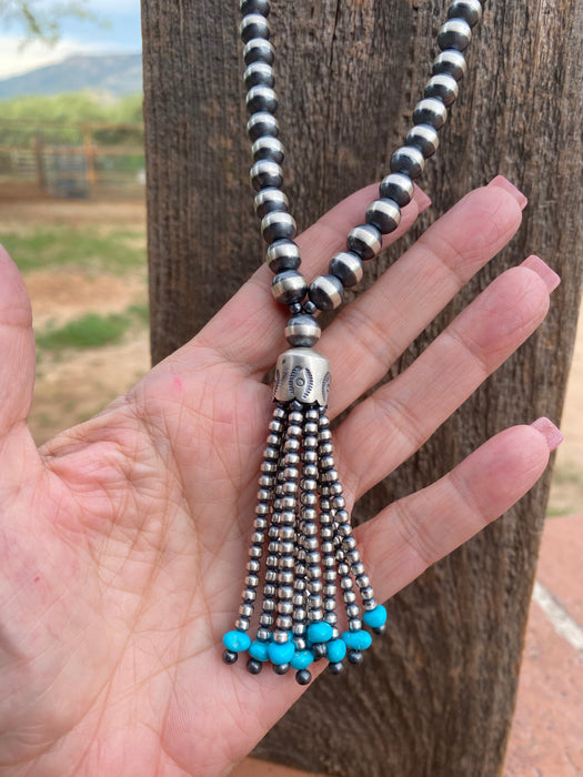 Navajo Sterling Silver Beaded Turquoise Tassel Necklace