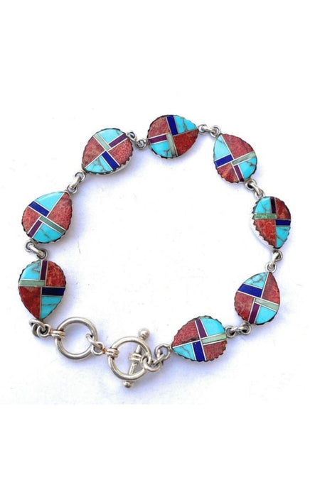 Navajo Old Pawn Vintage Inlay Multi Stone& Sterling Silver Link Bracelet