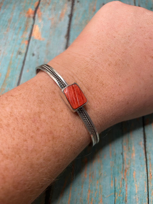 Navajo Orange Spiny & Sterling Silver Adjustable Cuff Bracelet