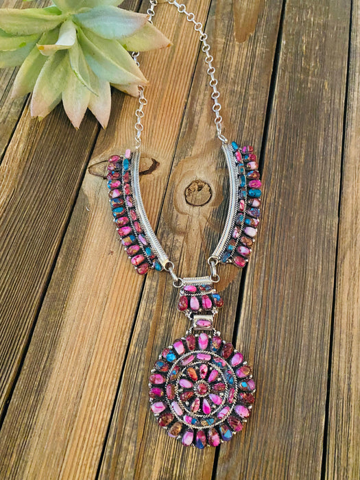 Navajo Sterling Silver & Pink Dream Mohave Cluster Necklace Signed