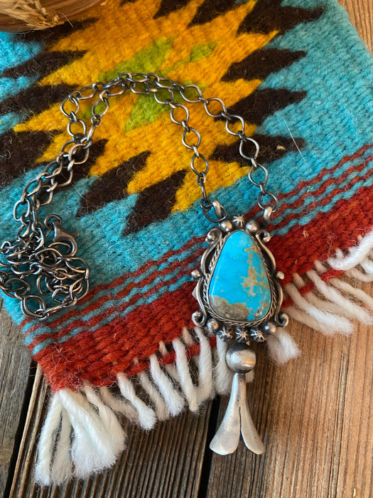 Navajo Sterling Silver & Kingman Turquoise Blossom Necklace Signed