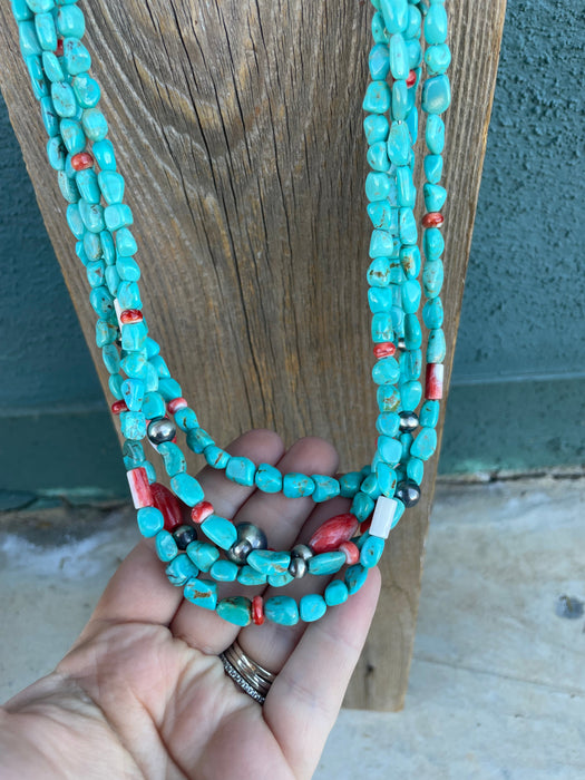 Navajo Turquoise & Sterling Silver 5 Strand Beaded Necklace