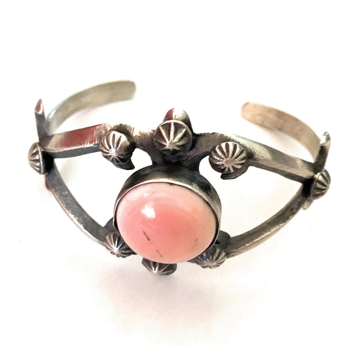 Navajo Queen Pink Conch Shell & Sterling Silver Cuff Bracelet By Chimney Butte