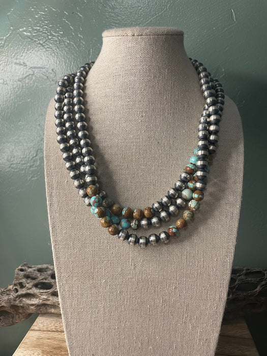 Navajo Sterling Silver Pearl & Turquoise Beaded Necklace 18 Inch