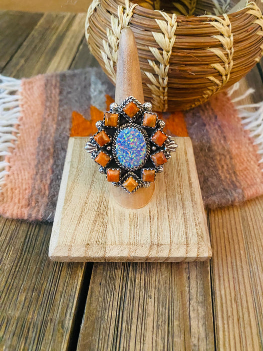 Handmade Sterling Silver, Orange Mojave & Opal Cluster Adjustable Ring - Culture Kraze Marketplace.com