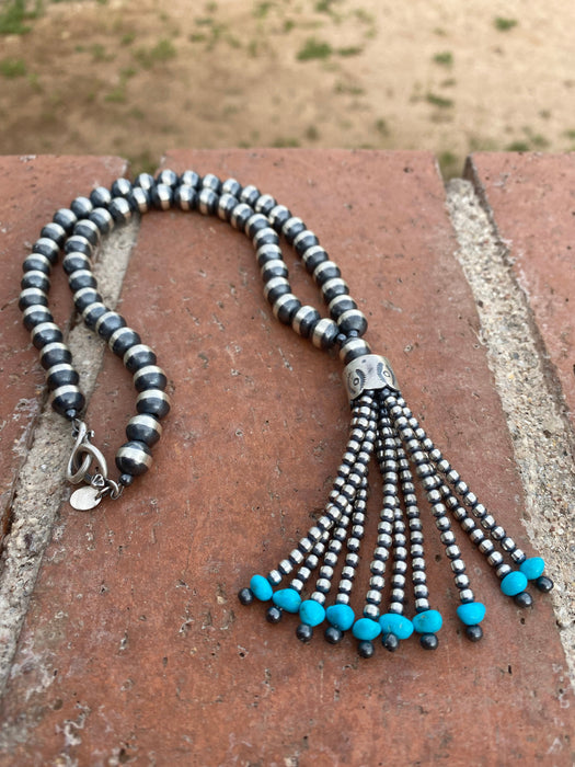 Navajo Sterling Silver Beaded Turquoise Tassel Necklace