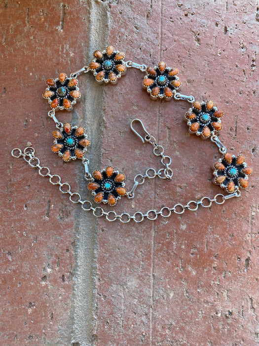 Hand Made Sterling Silver Orange Spiny & Royston Turquoise Choker Necklace