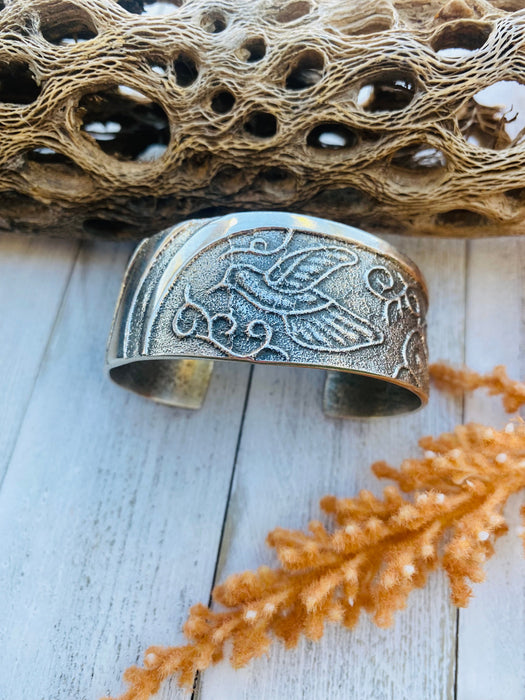 Vintage Navajo Sterling Silver Tufa Cast Hummingbird Cuff Bracelet