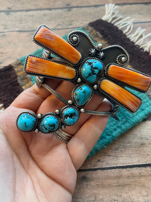 Navajo Kingman Turquoise, Spiny & Sterling Silver Butterfly Cuff Bracelet Signed Kevin Billah