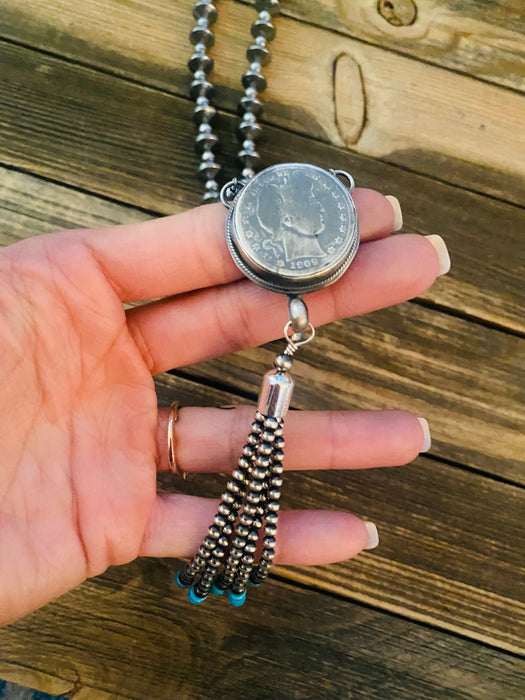 Navajo Turquoise & Sterling Silver Pearl Beaded Coin Tassel Necklace - Culture Kraze Marketplace.com