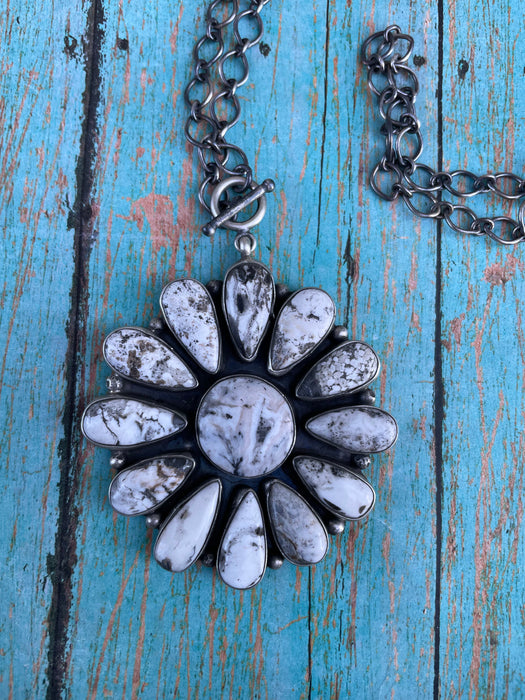 Navajo Sterling Silver And White Buffalo Cluster Necklace By Ella Peters