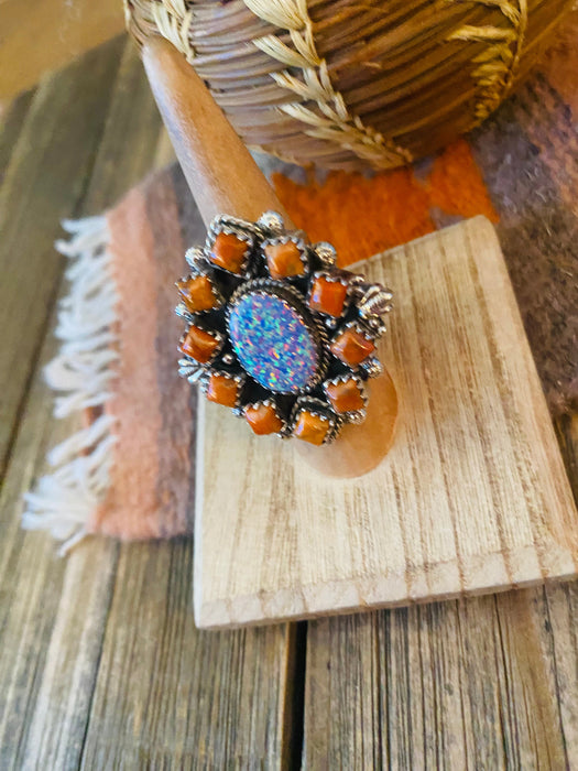 Handmade Sterling Silver, Orange Mojave & Opal Cluster Adjustable Ring - Culture Kraze Marketplace.com