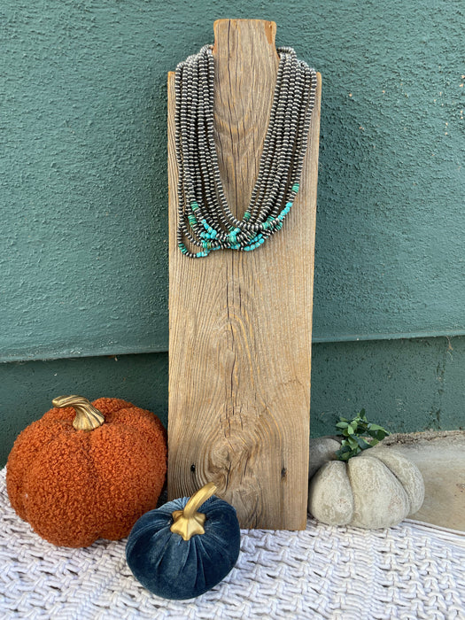 Navajo Turquoise And Sterling Silver Beaded 18in Necklace