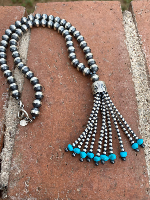 Navajo Sterling Silver Beaded Turquoise Tassel Necklace