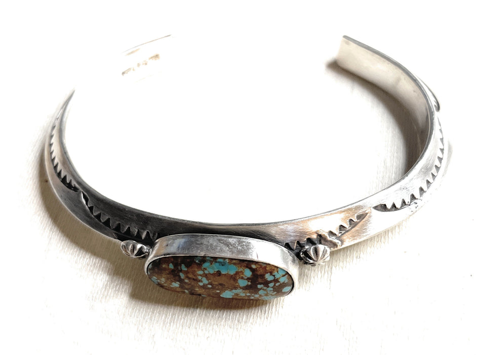 Navajo Hand Stamped Sterling Silver & Turquoise Cuff Bracelet Signed