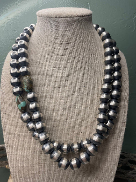 Navajo Sterling Silver Pearl 12mm Beaded Necklace With Natural #8 Stone 18 inch - Culture Kraze Marketplace.com