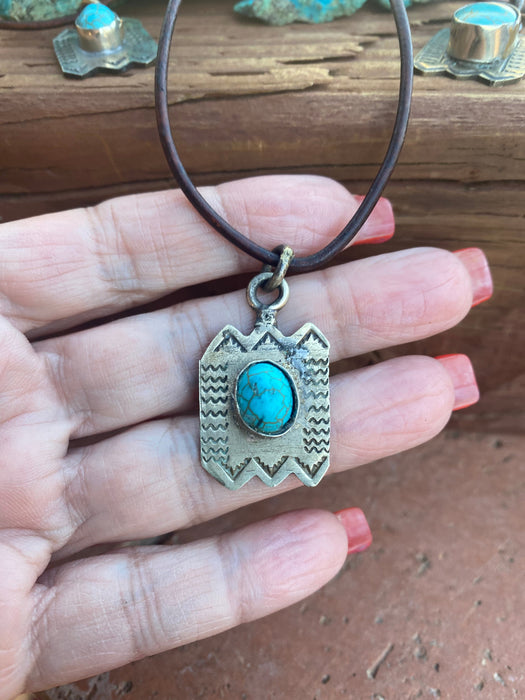 Handmade German Silver & Turquoise Leather Necklace