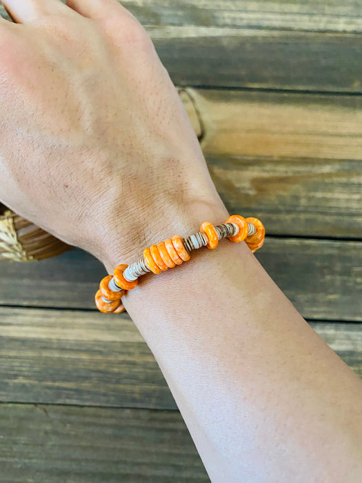 Navajo Orange Spiny, Heishi & Sterling Silver Beaded Bracelet