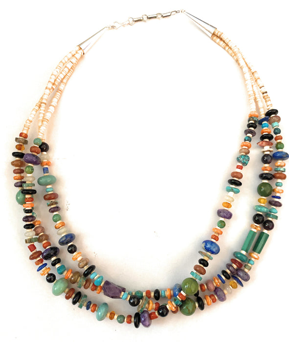 Navajo Multi Stone & Heishi Triple Strand Beaded Necklace