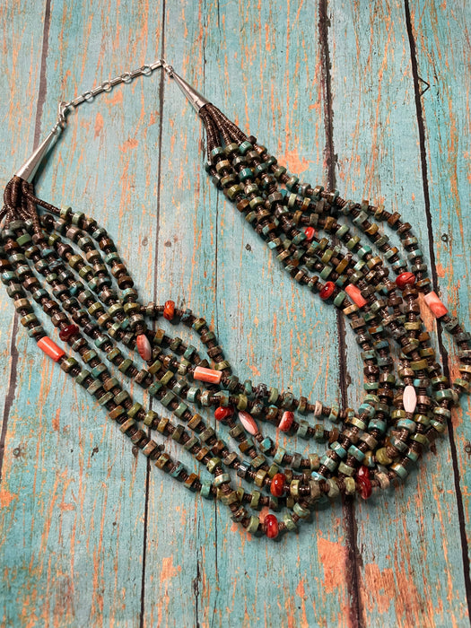 Navajo Multi Stone And Heishi Seven Strand Beaded Necklace