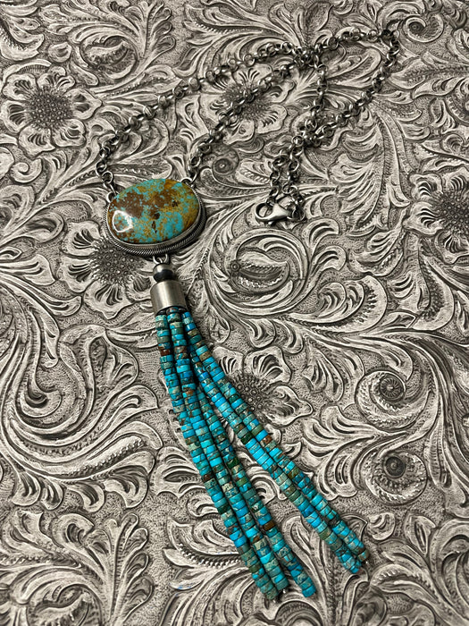 Navajo Turquoise & Sterling Silver Drop Necklace Signed Emer Thompson