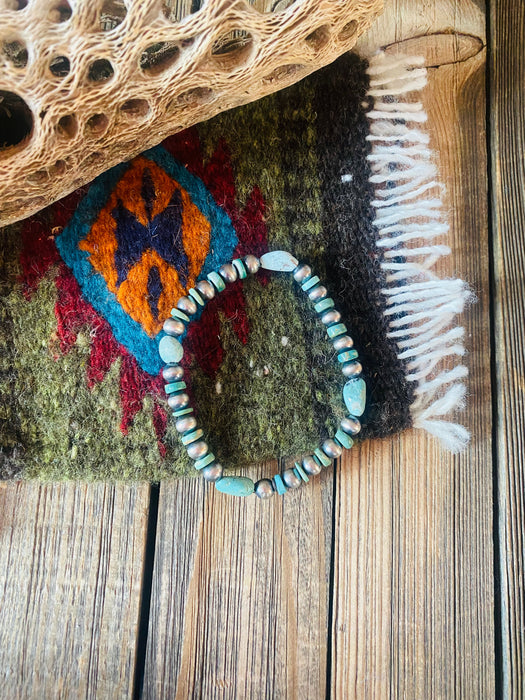 Handmade Turquoise & Sterling Silver Beaded Stretch Bracelet