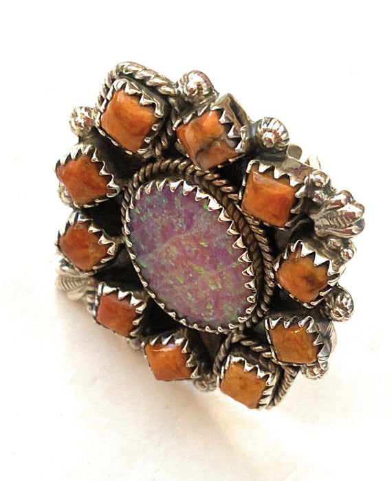 Handmade Sterling Silver, Orange Mojave & Opal Cluster Adjustable Ring - Culture Kraze Marketplace.com