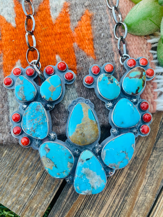 Navajo Sterling Silver, Turquoise & Coral Cactus Necklace