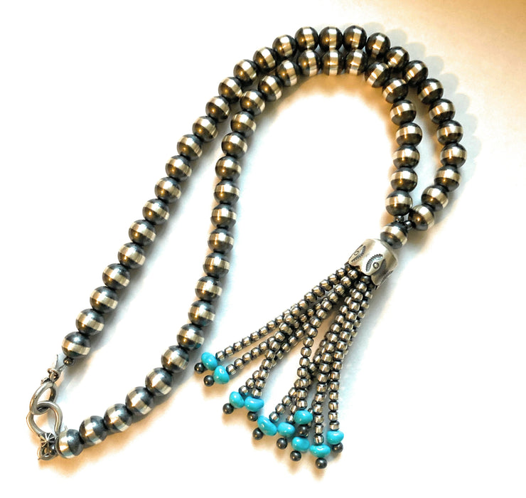 Navajo Sterling Silver Beaded Turquoise Tassel Necklace