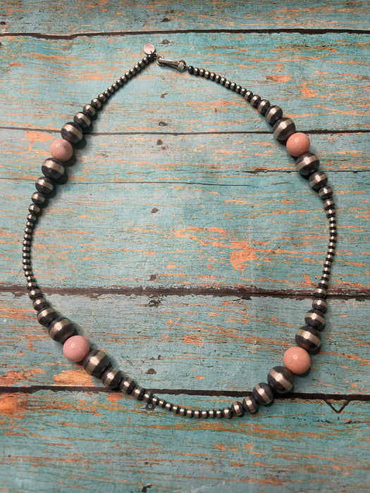 Navajo Rhodonite And Sterling Silver Beaded Necklace 18inch