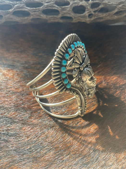 Navajo Sterling Silver & Turquoise Chief Cuff Bracelet  Signed