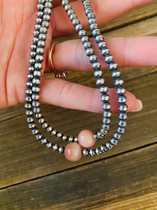 Navajo Sterling Silver Pearl & Pink Opal Beaded Necklace 72 inch - Culture Kraze Marketplace.com