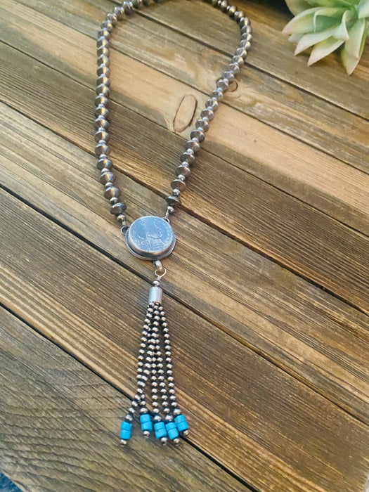 Navajo Turquoise & Sterling Silver Pearl Beaded Coin Tassel Necklace - Culture Kraze Marketplace.com