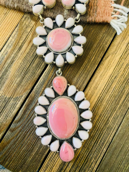 Navajo Queen Pink Conch Shell And Sterling Silver Cluster Necklace