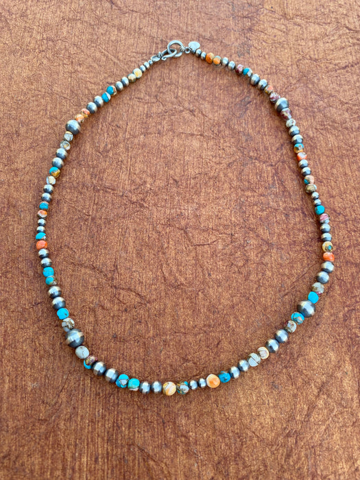 Navajo Turquoise & Spiny Spice Sterling Silver Beaded Necklace 20 inch