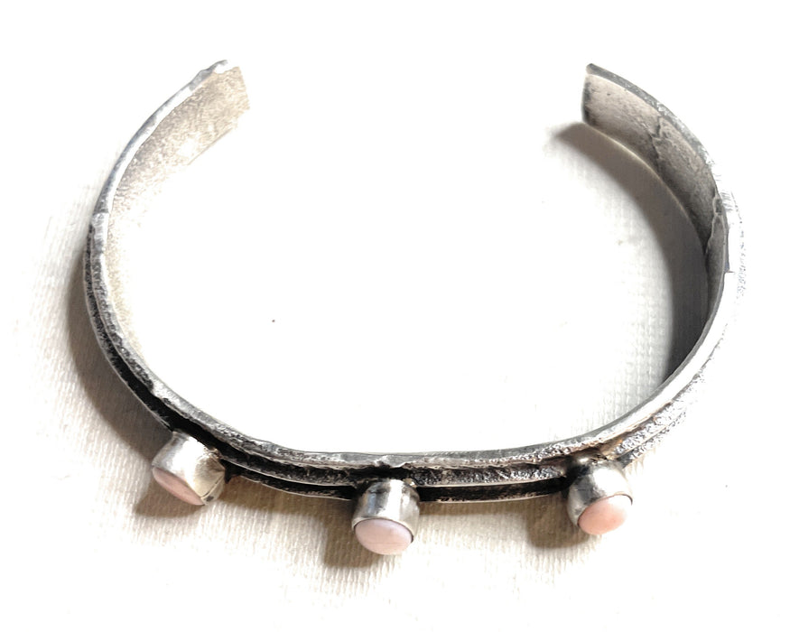 Navajo Pink Conch & Sterling Silver Tufa Cast Cuff Bracelet Signed