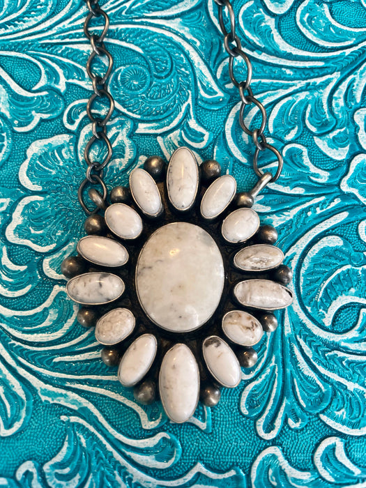 Navajo White Buffalo And Sterling Silver Cluster Necklace Signed & Stamped