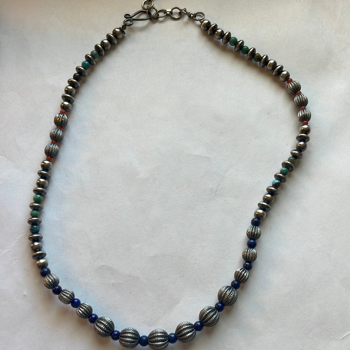 Handmade Sterling Silver & Multi Stone & Lapis Beaded Necklace