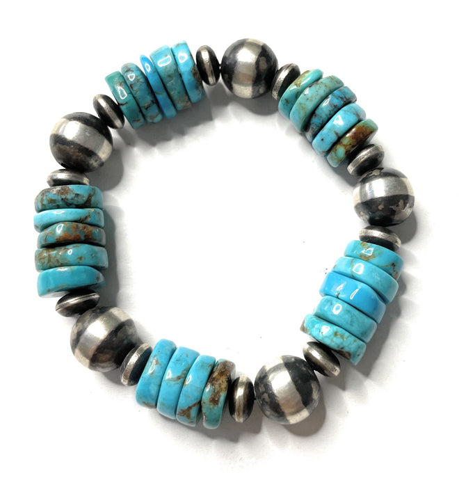 Navajo Sterling Silver Stretchy Natural #8 Turquoise Beaded Bracelet 10mm pearl