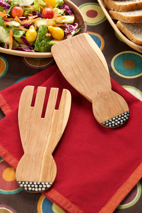 Kenyan Olive Wood Paddle Salad Servers with Bone - Culture Kraze Marketplace.com