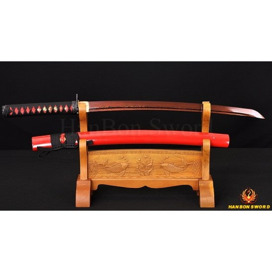 Hand Forged Black&Red Damascus Oil Quenched Full Tang Blade Japanese Wakizashi Sword - Culture Kraze Marketplace.com