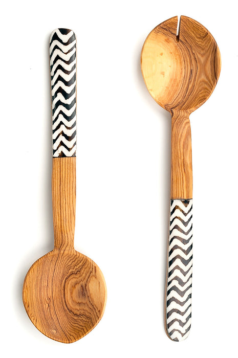 Kenyan Wild Olive Wood and ZigZag Cow Bone Flat Handle Servers - Culture Kraze Marketplace.com