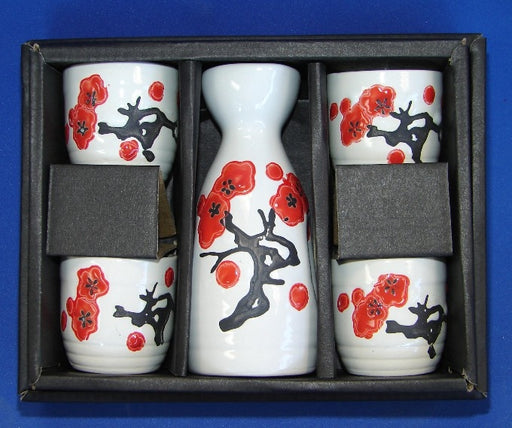 Ceramic White Japanese Saki Set with Red Plum Pictures - Culture Kraze Marketplace.com