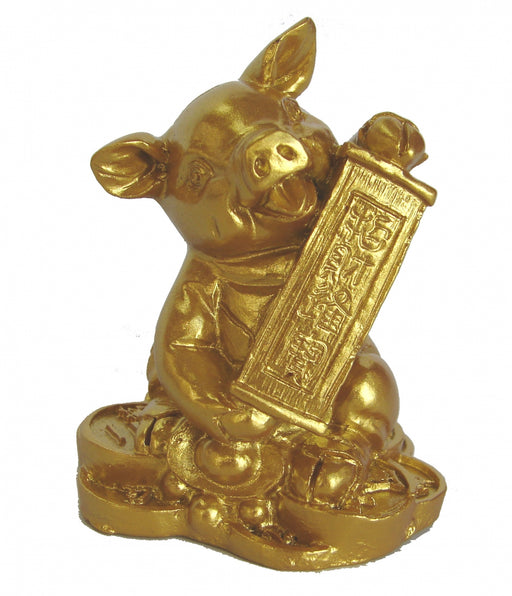 Golden Pig Statue Holding Scroll - Culture Kraze Marketplace.com