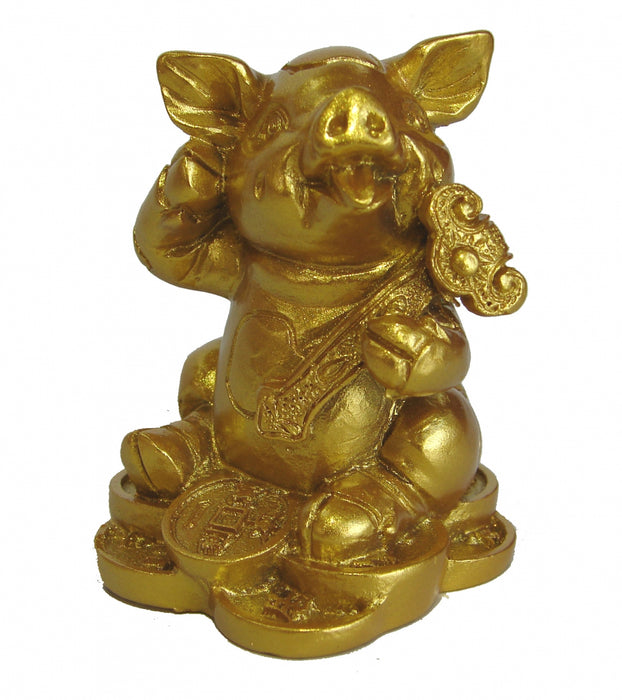 Golden Pig Statue Holding RuYi - Culture Kraze Marketplace.com