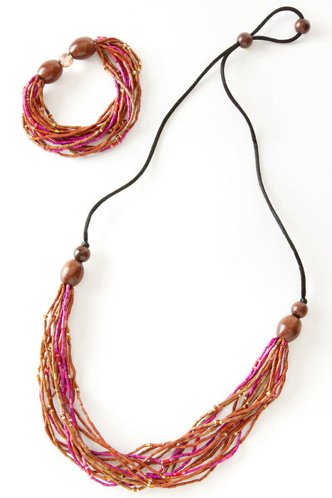 Cinnabar Multi-Strand Zulugrass & Acacia Wood Necklace - Culture Kraze Marketplace.com